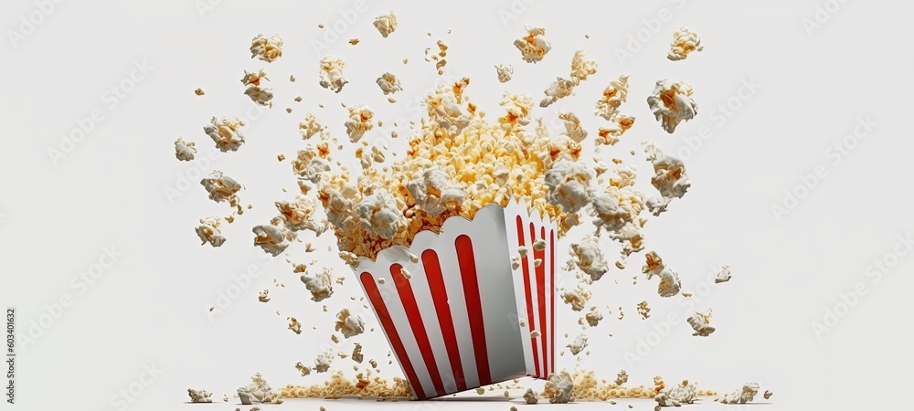 Popcorn flying out of red-white striped paper cup, copy space isolated on white background by ai generative