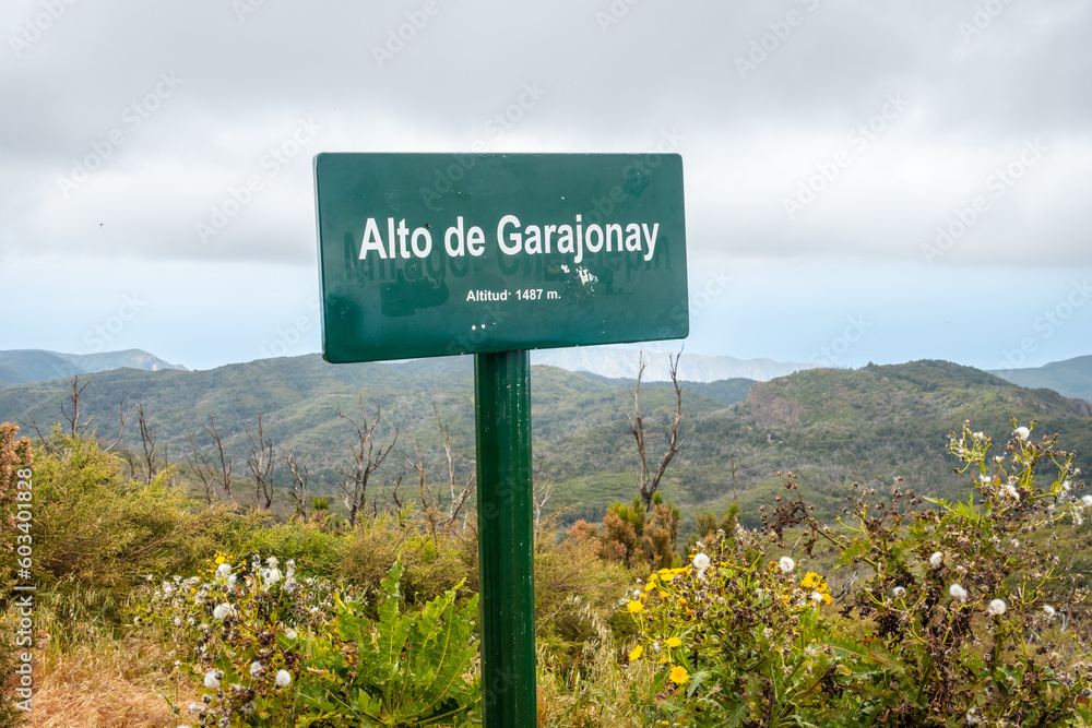 Alto de Garajonay sign on top of Garajonay on La Gomera, Canary Islands