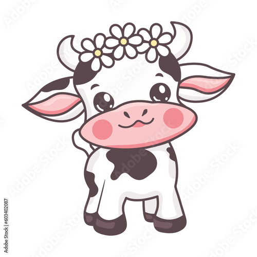 Vector cartoon cute cow character mascot for milk flar style isolated with daisy