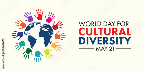 World Day for culture Banner, a concept for culture diverse day that hand prints from different cultures surrounded by the globe show unity, vector illustration design