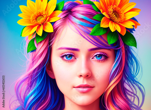 Portrait beautiful girl with flowers on her head. Woman with flower arrangement on head. Generative AI. © Anton Dios