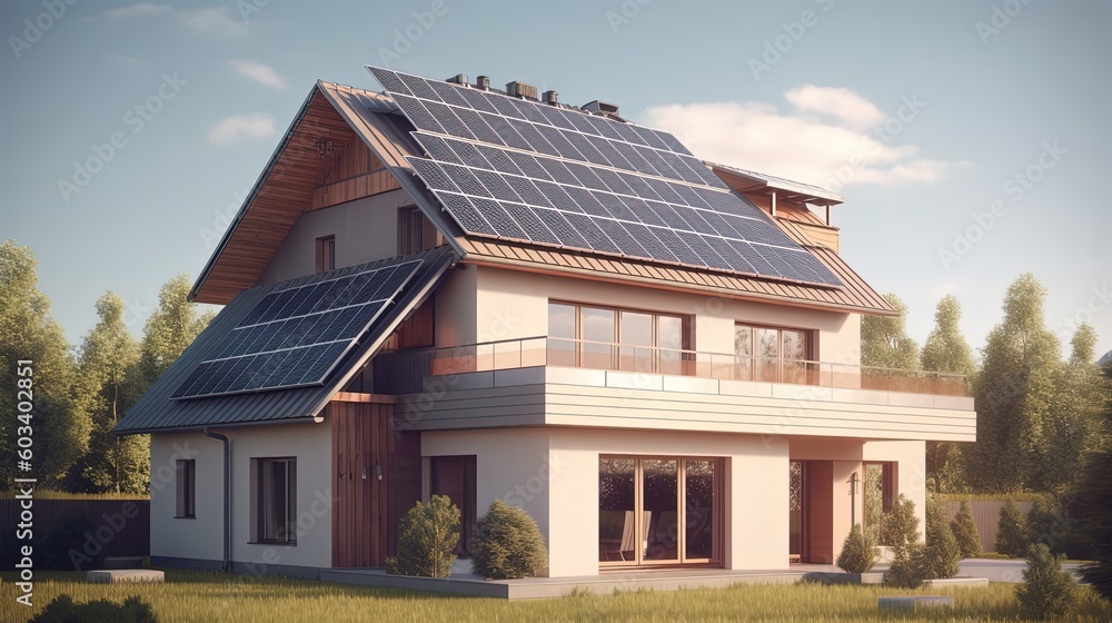 Full view of modern house with Solar panels on the roof . 3D rendering illustration by ai generative Full view of modern house with Solar panels on the roof . 3D rendering illustration by ai generative