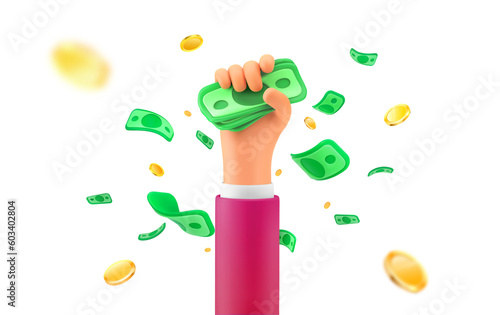 Jackpot winning celebration. Lottery winner illustration. Human hand catch stack of bills. Falling money and cartoon arm on transparent background. Design elements. photo