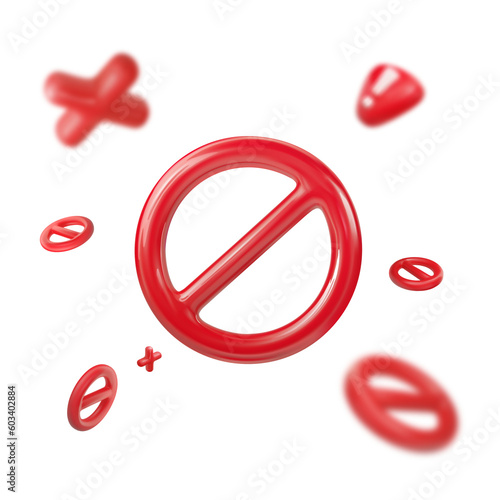  3d icons of forbid, stop road sign. Prohibition signs. Attention of warning, danger, fake news or safety caution information. No enter, all prohibited on transparent background