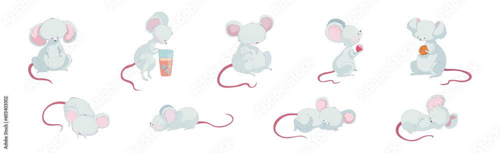 Funny White Mouse Character with Long Pink Tail Vector Set Funny White Mouse Character with Long Pink Tail Vector Set