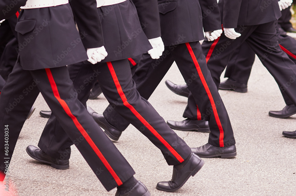 Soldiers marching in the parade on Victory Day. Construction step close up. Selective focus. Soldiers marching in the parade on Victory Day. Construction step close up. Selective focus.