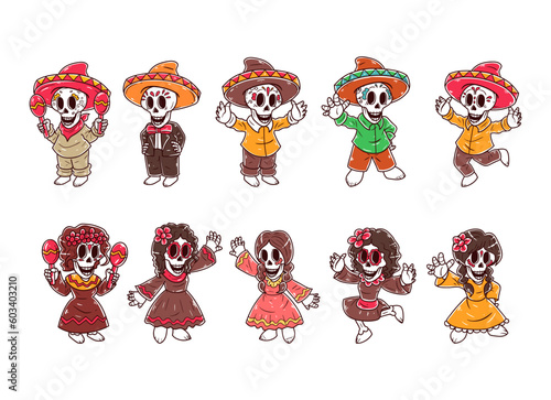 Set of skull character hand-drawn illustration, day of the dead character.