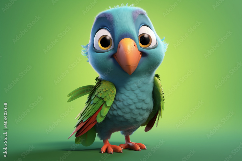 Adorable little cartoon parrot on isolated background.Front view.Created with generative ai Adorable little cartoon parrot on isolated background.Front view.Created with generative ai