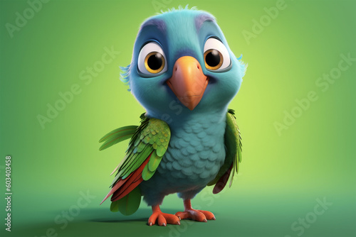 Adorable little cartoon parrot on isolated background.Front view.Created with generative ai
