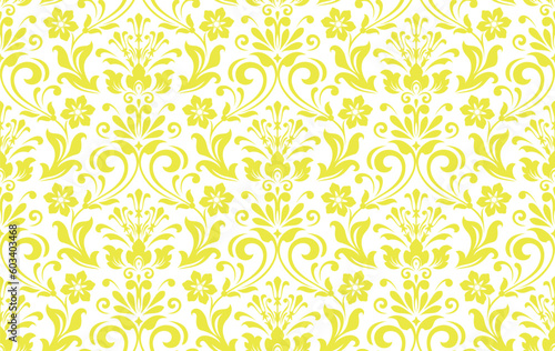 Wallpaper in the style of Baroque. Seamless vector background. White and yellow floral ornament. Graphic pattern for fabric, wallpaper, packaging. Ornate Damask flower ornament