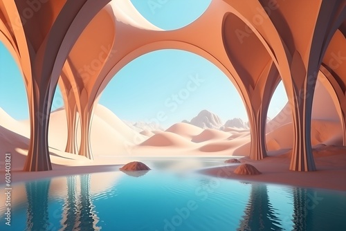 Abstract oasis background. Desert landscape with sand water and mirror arches under the clear blue sky  © Skrotaa