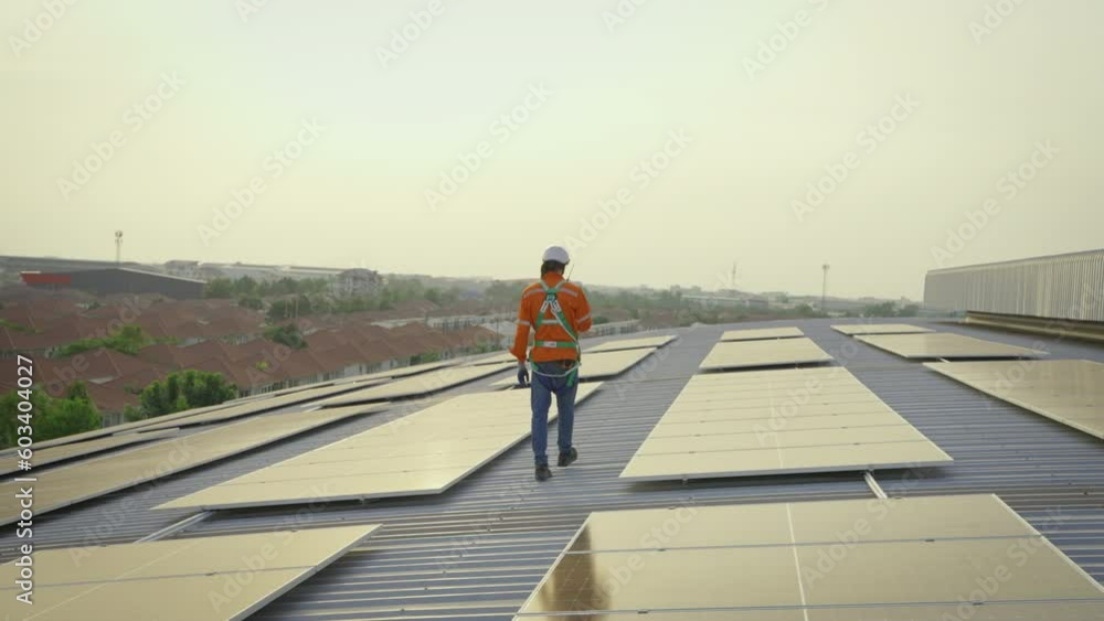 Male engineer maintaining solar cell panels on building rooftop. Technician working outdoor on ecological solar farm construction. Production of renewable energy concept. Male engineer maintaining solar cell panels on building rooftop. Technician working outdoor on ecological solar farm construction. Production of renewable energy concept.