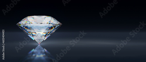 Rich dimond on black background. Realistic shining white diamond jewel. 3d illustration