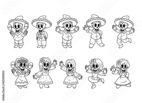 Set of skull character hand-drawn outline sketch illustration, day of the dead character.