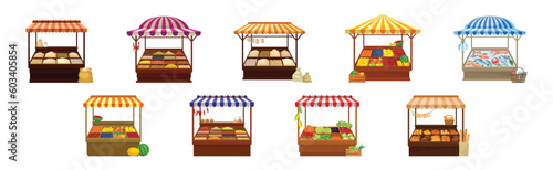 Street Market Stall and Stand with Awning and Various Products Vector Set