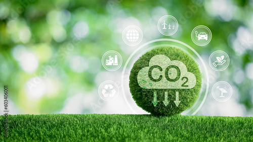 Fotografie reducing carbon emissions carbon neutral concept Net zero emission target, green background with icons