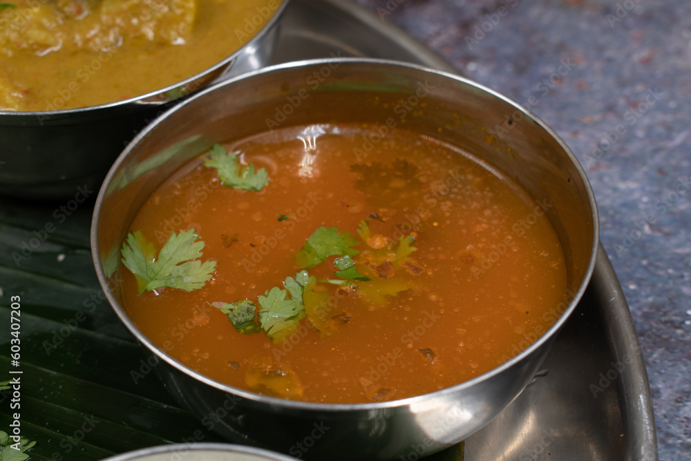 Close up rasam bowl Close up rasam bowl