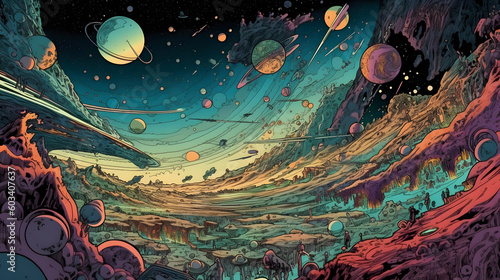 A retro comic-style outer space landscape created with generative AI