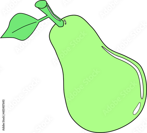 Pera verde con hoja. Fruta verde aislada. Dibujo simple a vector. 
