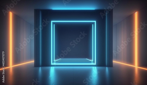 Beautiful futuristic technological light podium with light neon panels for product presentation. Generative AI. © Sunshinemeee
