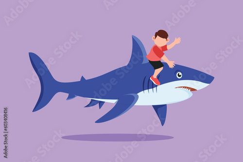 Cartoon flat style drawing bravery little boy riding inflatable shark. Adorable kids sitting on back shark in deep zoo swimming pool. Shark ocean fish in deep water. Graphic design vector illustration