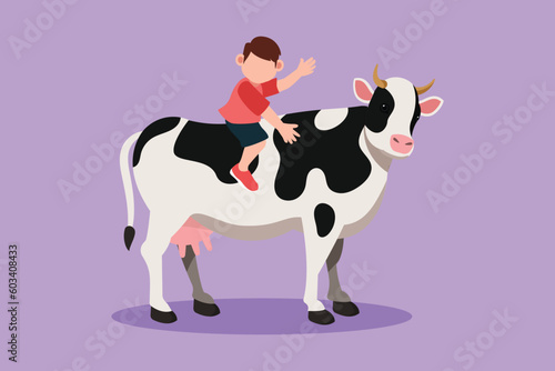 Character flat drawing of happy little boy riding cow at rural. Cheerful child sitting on back cow with saddle in ranch ground. Kids learning to ride cow at village. Cartoon design vector illustration
