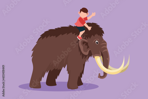 Character flat drawing of bravery little boy caveman riding woolly mammoth. Adorable kids sitting on back of mammoth. Stone age children playing. Ancient human life. Cartoon design vector illustration