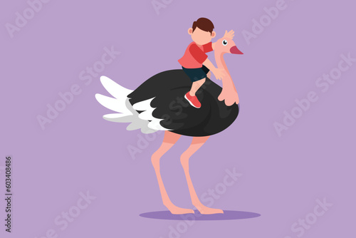 Graphic flat design drawing happy little boy riding cute ostrich. Brave child sitting on back ostrich with holding its neck. Adorable kids learning to ride ostrich. Cartoon style vector illustration
