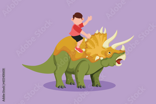 Cartoon flat style drawing bravery little boy caveman riding triceratops. Adorable kids sitting on back of dinosaur. Stone age children playing. Ancient human life. Graphic design vector illustration