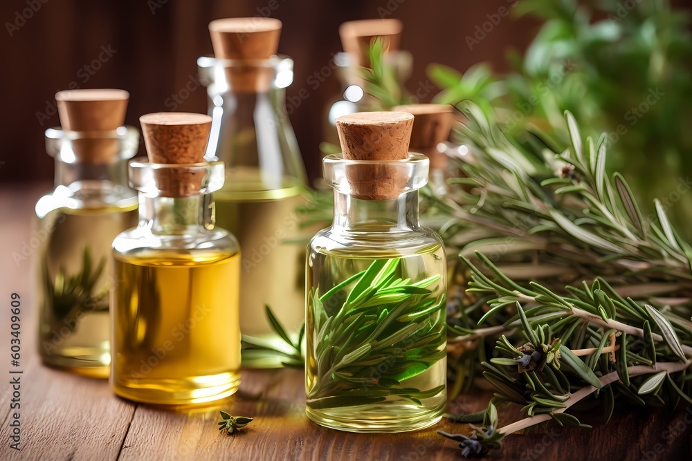Herb oil bottles of homeopathy herbs. Generative AI. Herb oil bottles of homeopathy herbs. Generative AI.