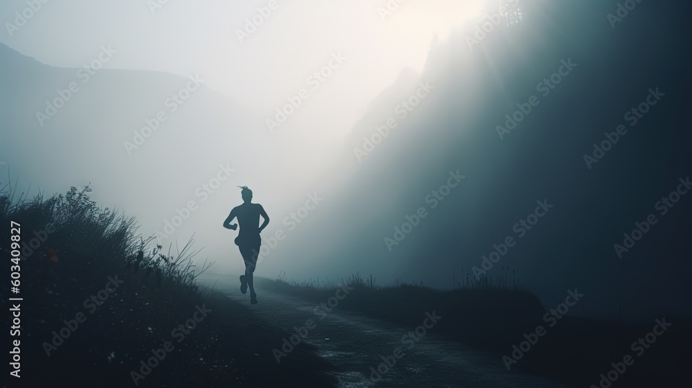  a person running on a trail in the foggy mountains.  generative ai