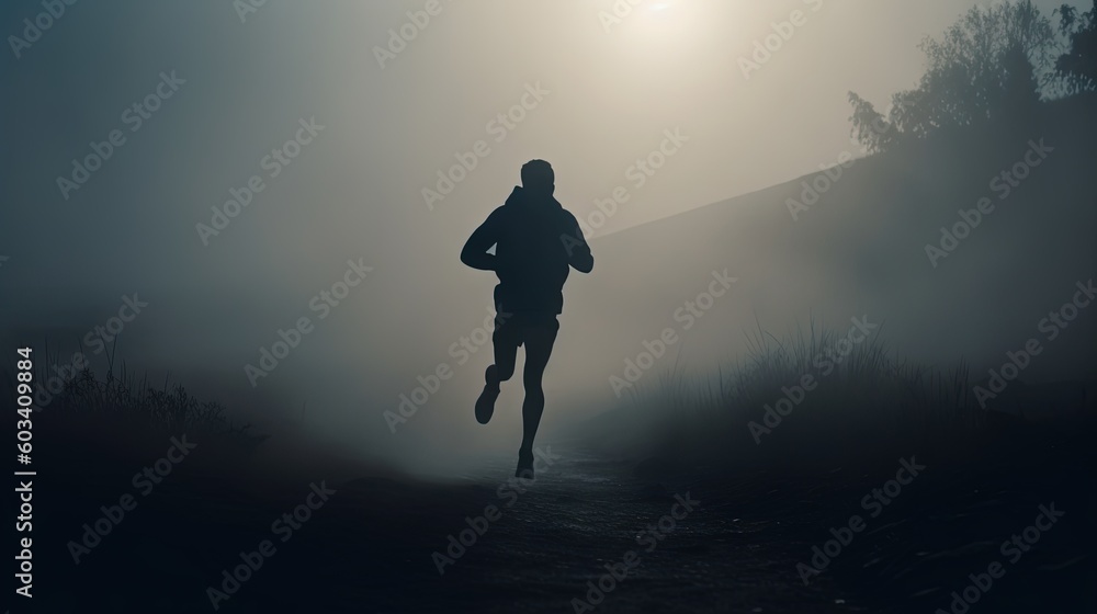  a person running on a trail in a foggy field.  generative ai