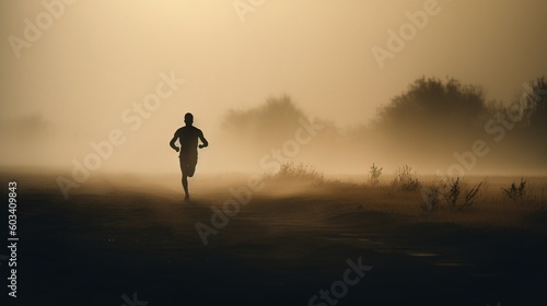  a person running in the foggy field with trees in the background. generative ai