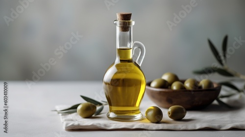  a bottle of olive oil next to a bowl of olives.  generative ai