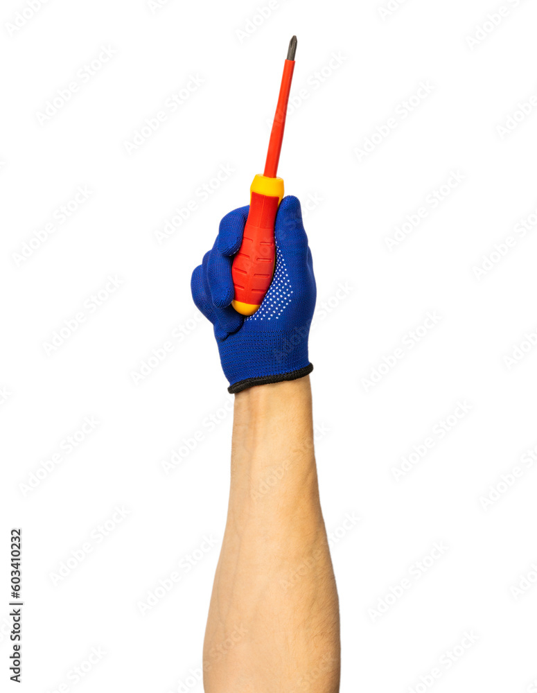 Electrician. Electrician's hand with tools isolated on white background. Electrician's tool. workforce. Red screwdriver in the hands of a man. Electrician. Electrician's hand with tools isolated on white background. Electrician's tool. workforce. Red screwdriver in the hands of a man.