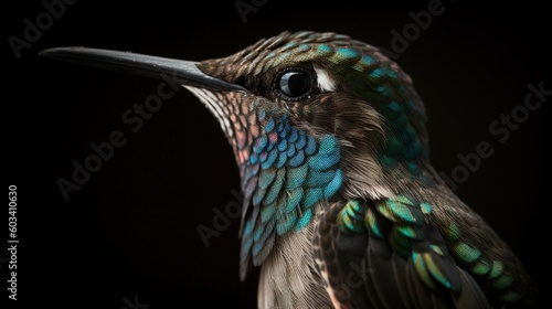  a close up of a colorful bird with a black background. generative ai