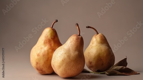  three pears and a leaf on a brown background with a brown background. generative ai