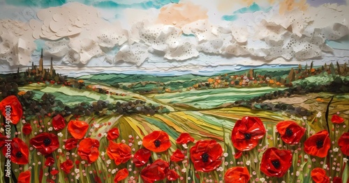 Vibrant Countryside: A Colorful Scene of Red Poppies, Houses, and Trees in Thick Impasto Landscapes