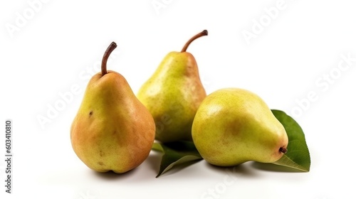  three pears and a leaf on a white surface with a white background. generative ai