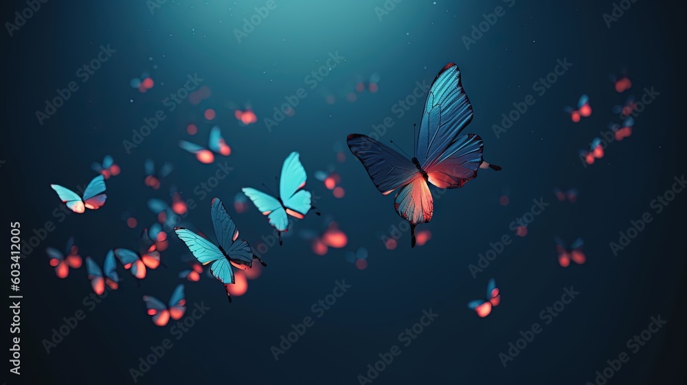  a group of blue butterflies flying through the air on a dark background.  generative ai