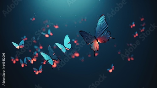  a group of blue butterflies flying through the air on a dark background. generative ai