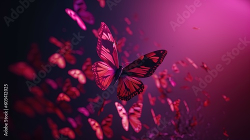  a group of pink butterflies flying in the air over a purple background.  generative ai