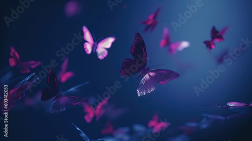  a group of purple butterflies flying in the air with a blue background. generative ai