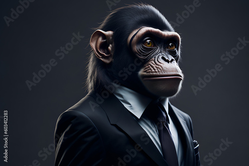 a chimpanzee in a business suit,portrait of a monkey in a business suit, business monkey, Generative AI © retbool