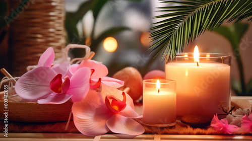  luxuri spa  resort  tropical flowers candle blurred light white towel cozy relaxing meditation massage salon  background  generated ai