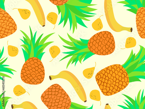 Seamless pattern with pineapples, bananas and pears. Fruit mix tropical summer background. Design of printing, banners and promotional materials. Vector illustration
