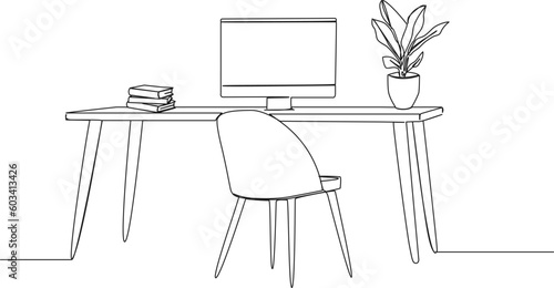 single line drawing of chair and desk with modern computer, stack of books and potted plant, working from home concept line art vector illustration