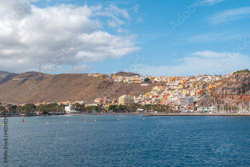 View of the city and the port of San Sebastian de la Gomera seen from the ferry heading to Tenerife. Canary Islands © unai