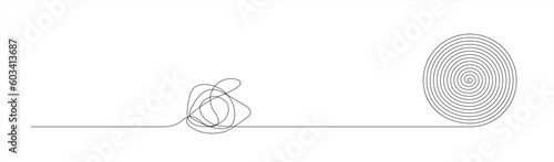 Chaos and order business concept flat style design vector isolated on white background. Tangled disorder turns into circle order line, find solution. Coaching, mentoring or psychotherapy vector 10 eps