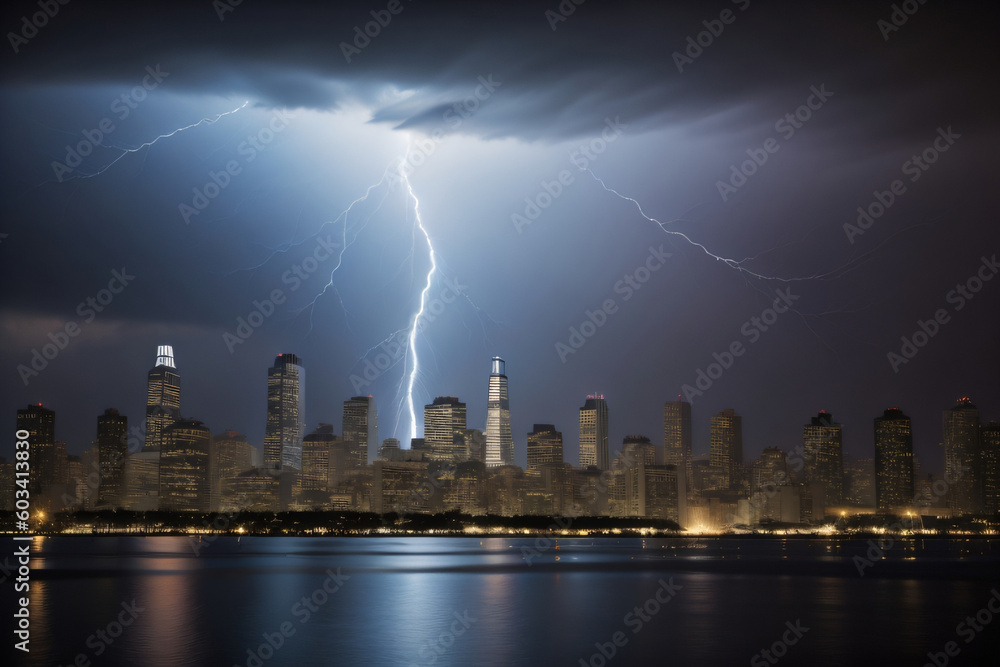 Obraz premium A dramatic lightning storm over San Francisco, California, viewed from Treasure Island. Generative AI